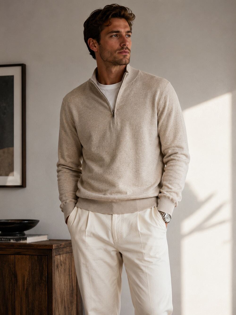 Faherty Reserve Cotton Blend Long Sleeve 1/4 Zip Pullover Sweatshirt Beige M